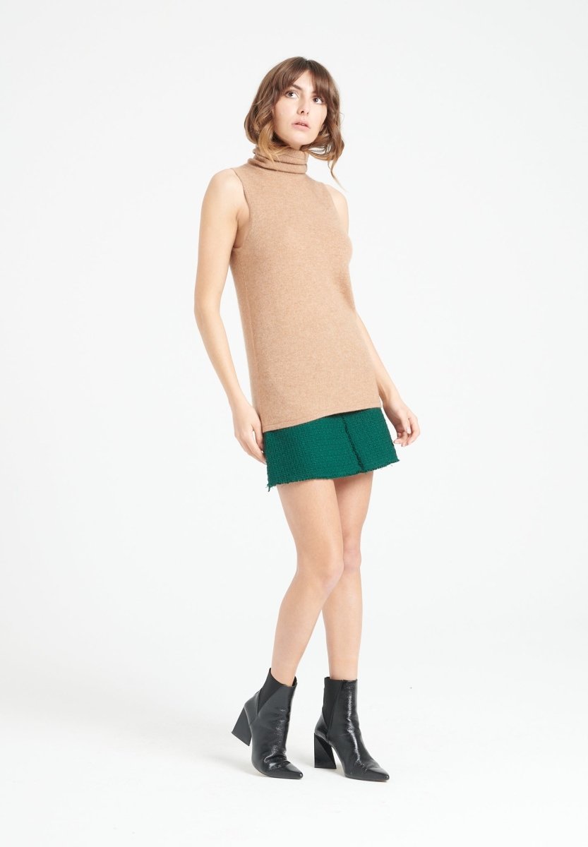 Pull col roulé sans manches femme en cachemire camel - LILLY 13