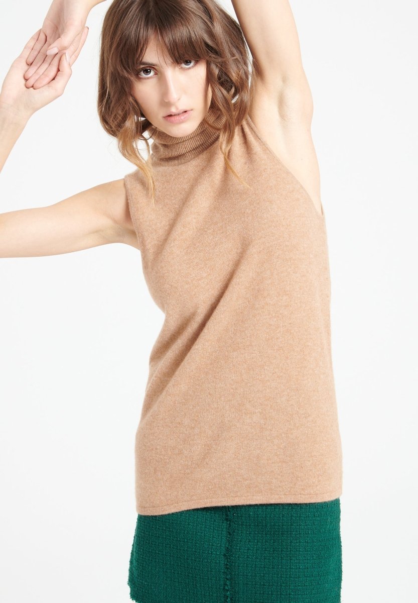 Pull col roulé sans manches femme en cachemire camel - LILLY 13