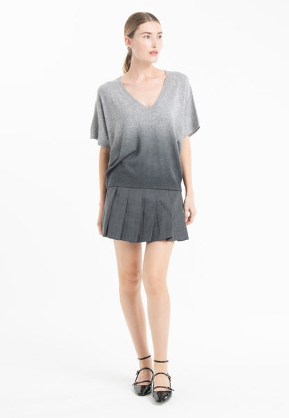 Pull col V manches chauve souris femme en cachemire tie & dye gris clair & gris anthracite - RIA 7B
