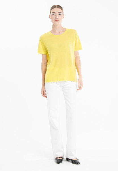 T-shirt col rond femme en cachemire déjaugé jaune fluo - AVA 6