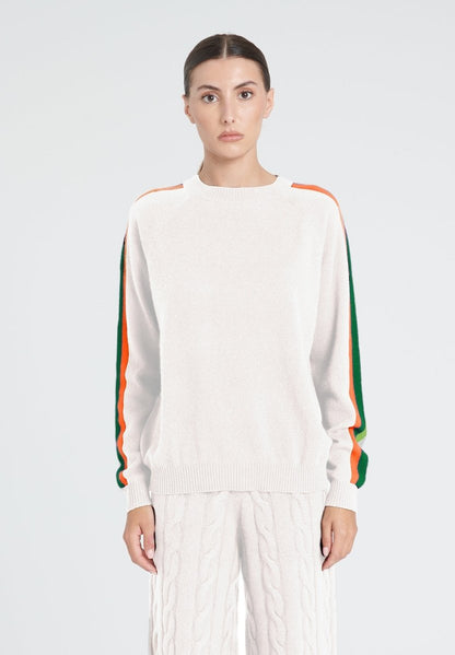 Pull col rond femme en cachemire blanc écru & bande multicolor - ZAYA 19