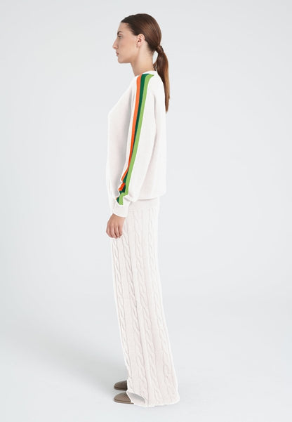 Pull col rond femme en cachemire blanc écru & bande multicolor - ZAYA 19