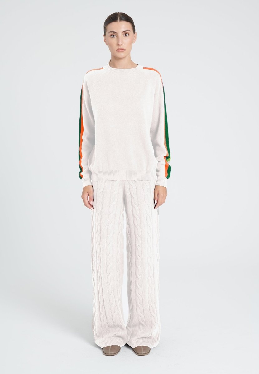 Pull col rond femme en cachemire blanc écru & bande multicolor - ZAYA 19